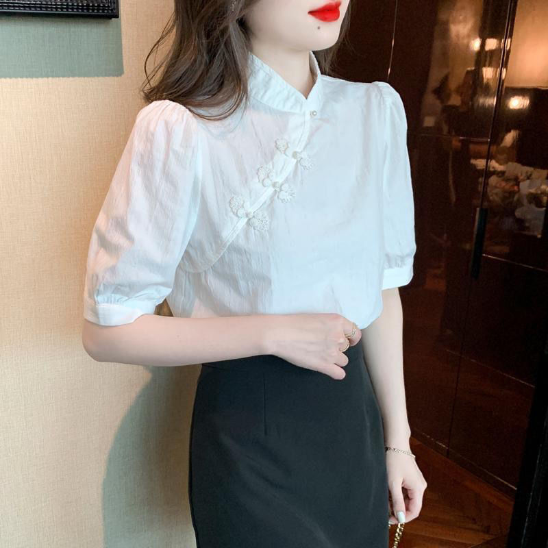 法式白色雪纺短袖衬衫女夏季新中式国风时尚时髦百搭别致小衫上衣