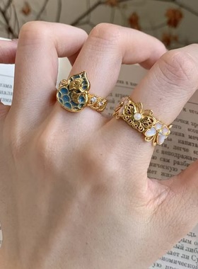 古法金繁花蝴蝶戒指女小众轻奢