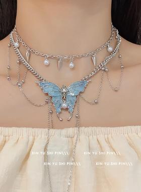 甜酷辣妹蝴蝶流苏项链女y2k重工颈链朋克复古项圈chocker颈带配饰