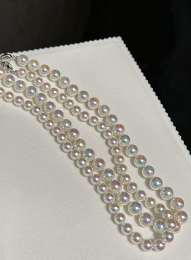 秋冬新款毛衣链人造akoya强光粉光幻彩珍珠项链S925纯银百搭设计