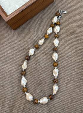 秋冬季美拉德风人造巴洛克珍珠纹木间隔项链新中式百搭简约毛衣链