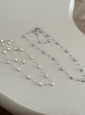 秋冬季长款人造巴洛克灰白色满天星珍珠项链百搭一款多戴式毛衣链