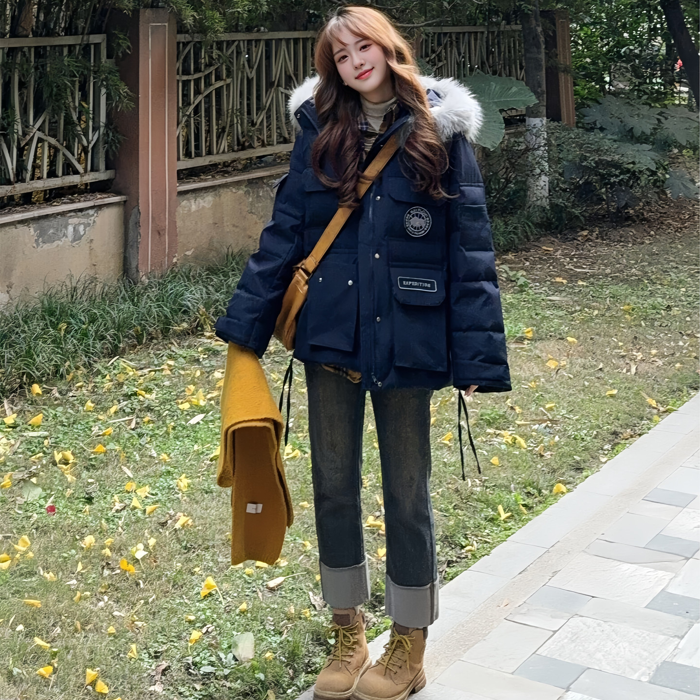 美式潮牌大毛领连帽羽绒棉袄女冬2025年巨好看超火小个子派克棉服 - 图3