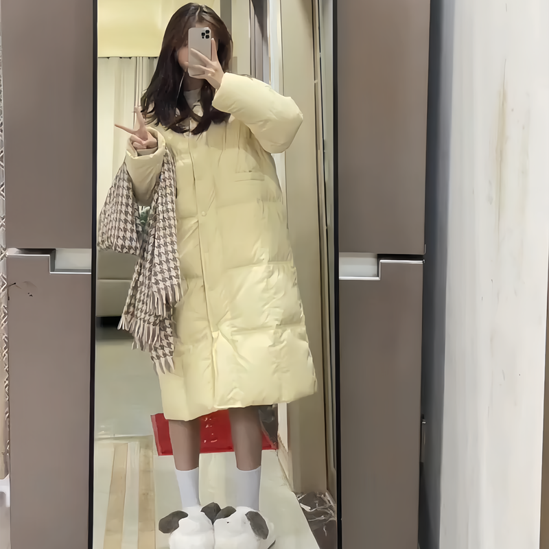 女神保命穿搭中长款立领羽绒服女冬2025年新款韩版宽松白鸭绒外套 - 图1