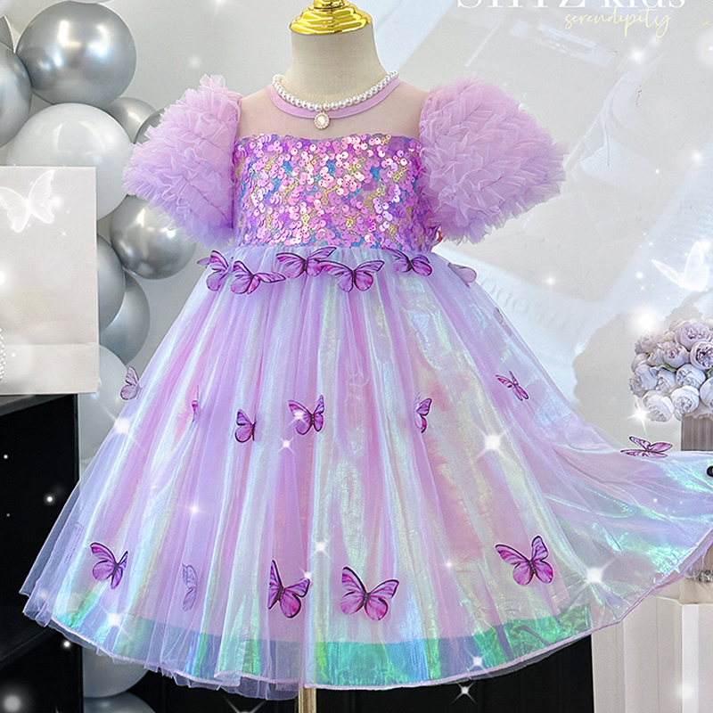女童连衣裙夏季洋气带翅膀公主裙紫色裙子儿童表演礼服六一演出服