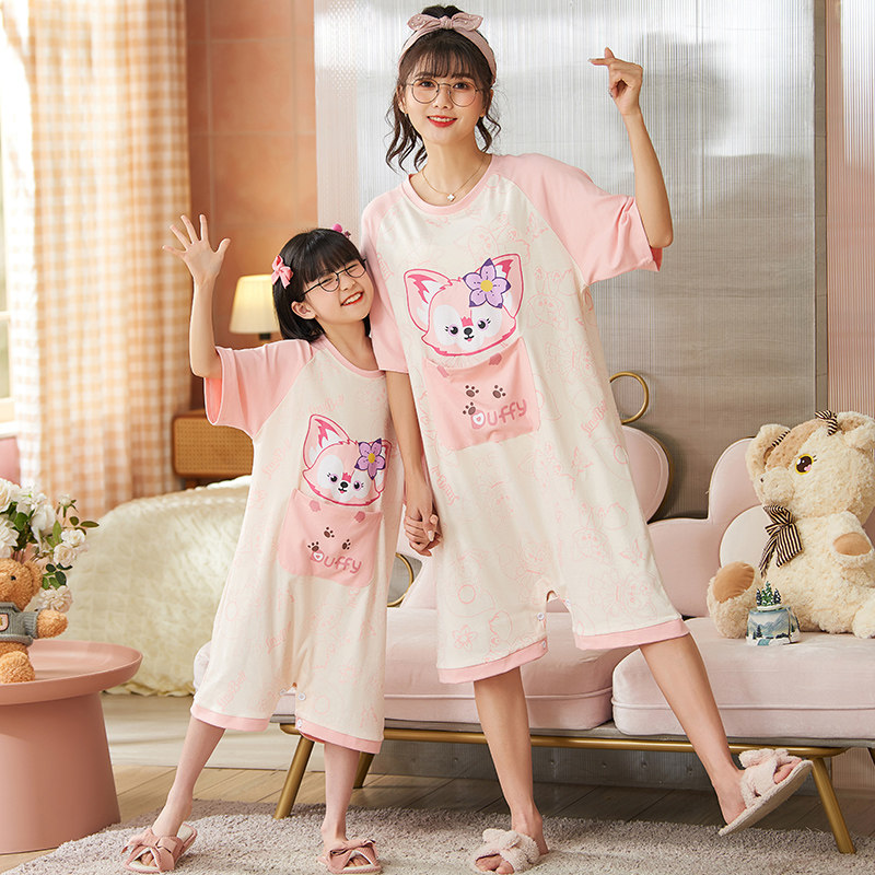 莫代尔夏季母女连体短袖可爱睡裙 冉影睡衣/家居服套装