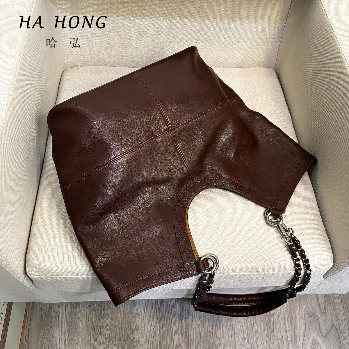 哈弘头层牛皮水桶包大容量时尚链条手提包2025包包女款简约腋下包,淘宝优惠券,粉丝福利购,淘宝优惠卷