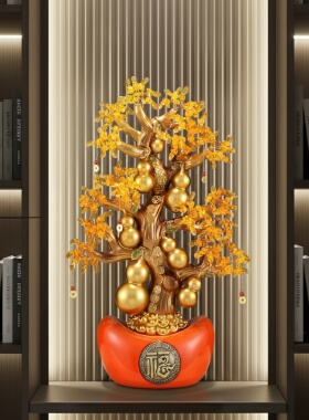 新中式葫芦招财树装饰摆件客厅玄关福字挂件金色招财进宝家居饰品