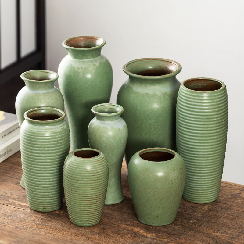 复古简约绿色陶瓷装饰花瓶干花鲜花陶罐桌面书房民宿客厅插花摆件 - 图1