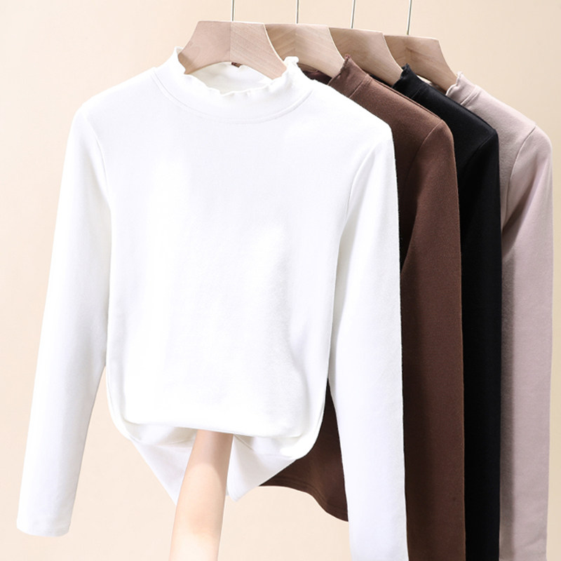 半高领秋冬磨毛木耳边长袖打底衫 屮果T恤