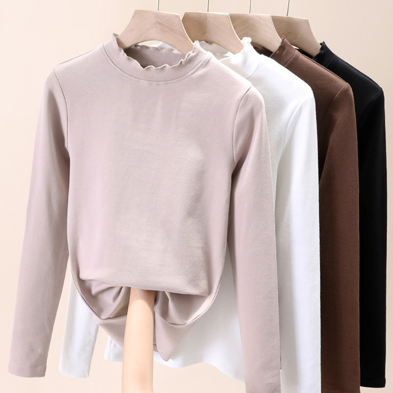 半高领秋冬磨毛木耳边长袖打底衫 屮果T恤