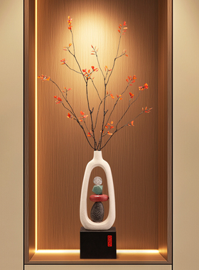 时来运转陶瓷花瓶中式石头摆件入户玄关红果迎客松高级家居装饰品