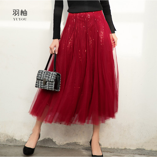 羽柚复古酒红亮片网纱半身裙春秋女a字裙高腰显瘦遮跨裙子大摆裙 - 图0