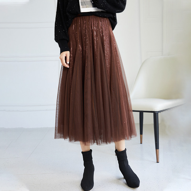 低调暗暗闪遮胯显瘦亮片子女网纱裙 羽柚半身裙