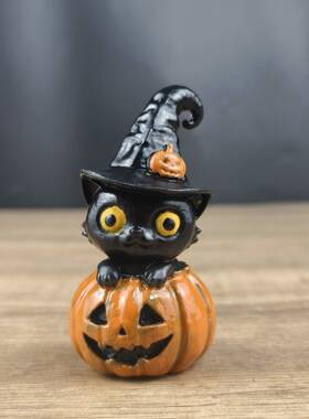 新品Halloween 万圣节猫咪南瓜摆件惊悚树脂雕像装饰礼物