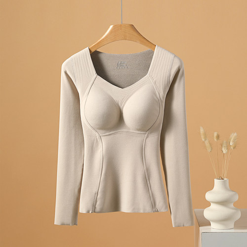 2025冬季保暖内衣女长袖带胸垫一体加厚加绒石墨烯发热打底衫上衣 - 图3