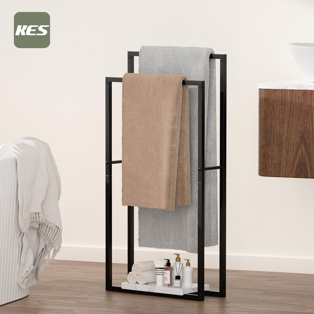 KES high and low double pole floor-standing matte black towel rack