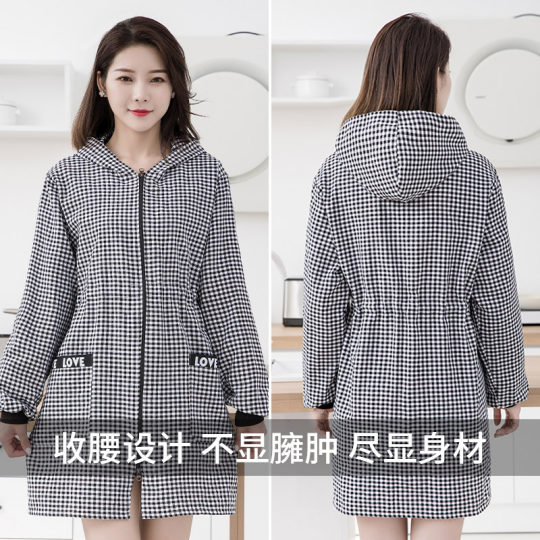 高档加厚棉布长袖围裙家用厨房连帽罩衣做饭女时尚正穿防污工作服