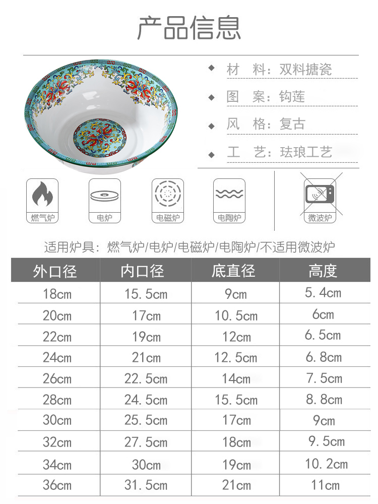 复古搪瓷盆碗加厚洋瓷汤盆碗麻辣烫串串火锅烧烤缸卜冒菜碗加深碗 - 图2