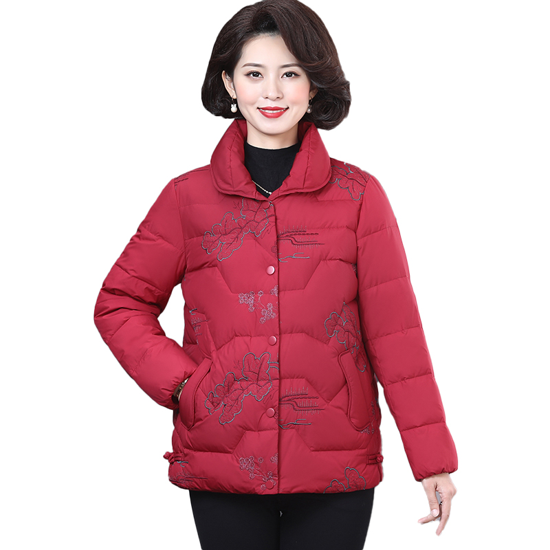 妈妈羽绒服2023年新款高贵中老年女棉袄时尚洋气红色短款冬装外套