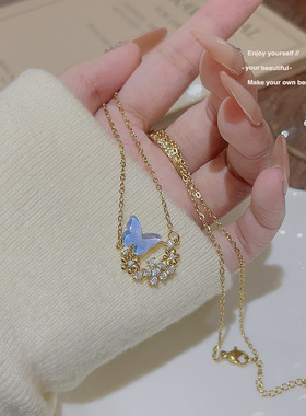 蝴蝶项链女简约时尚小众设计高级感花蕊锁骨链ins梦幻月光石吊坠