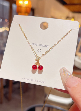小清新红樱桃钛钢项链简约百搭新款潮吊坠颈链设计感不掉色锁骨链
