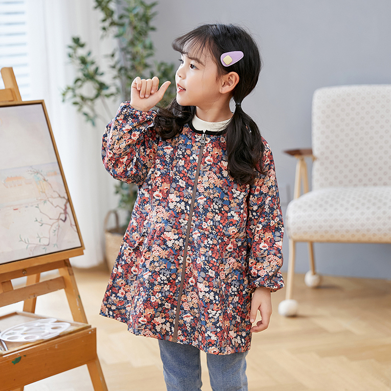 Girls' smock autumn and winter waterproof and dirt-proof thin zipper down jacket primary school student smock painting and eating baby bib
