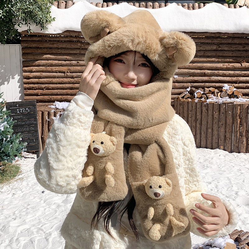 小熊帽子女冬季韩版围巾三件套冬天毛绒连帽一体保暖手套护耳围脖