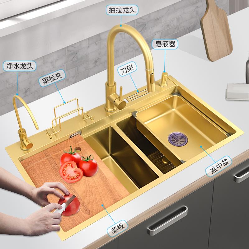 老DBOOSS板金色304不锈钢水槽多功能大单槽洗菜盆厨房家用大双槽 - 图2