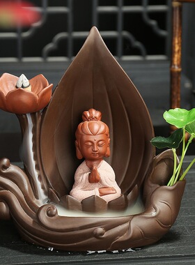 新中式大号紫砂倒流香炉三圣佛像陶瓷摆件复古家居室内回流香薰炉