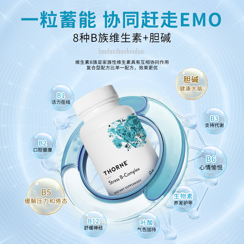 Thorne悦恩【福布斯奖】复合维生素b族抗压解压60粒B107【3瓶装】