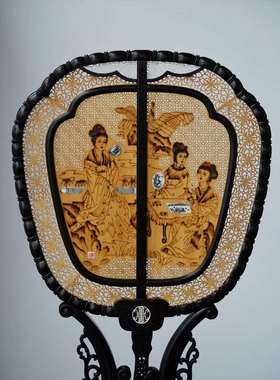 紫光檀仿古宫扇镂空檀木扇子