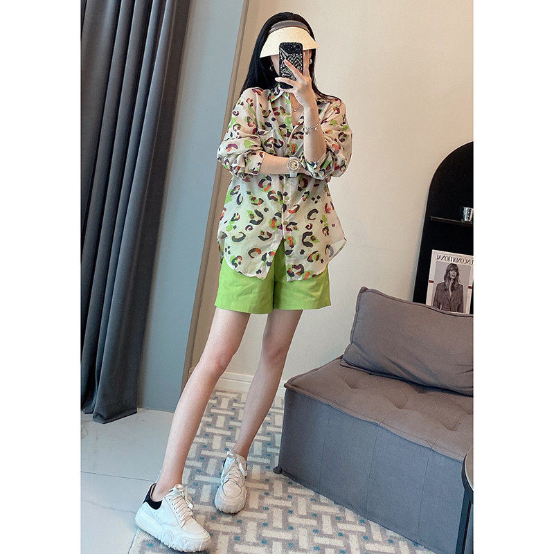 绿色运动短裤套装夏季港风防晒衬衫 紫陌悠时尚套装