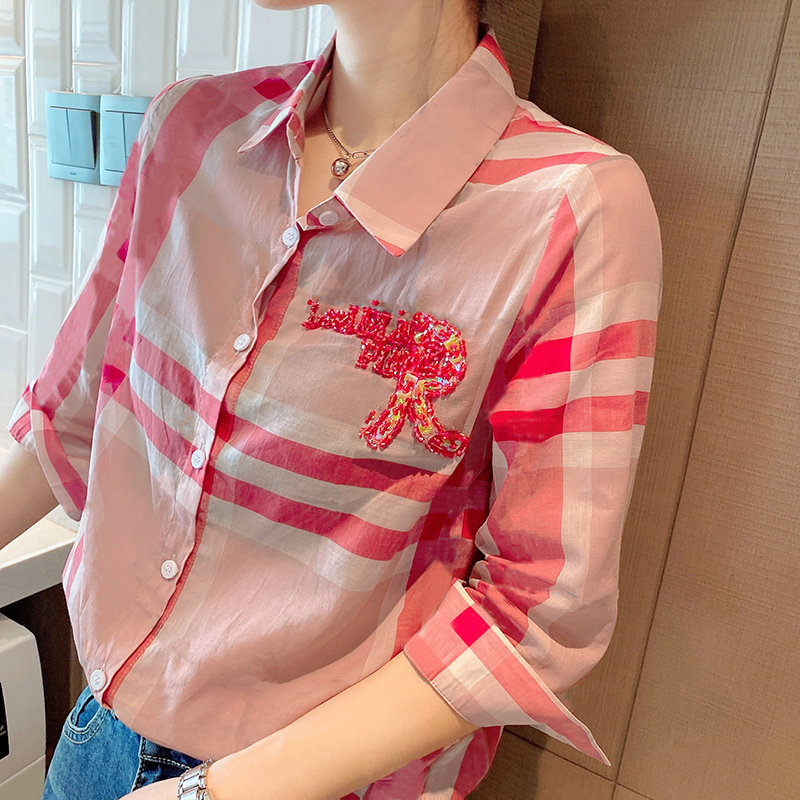 复古格子设计感小众港风花色衬衫 紫陌悠衬衫