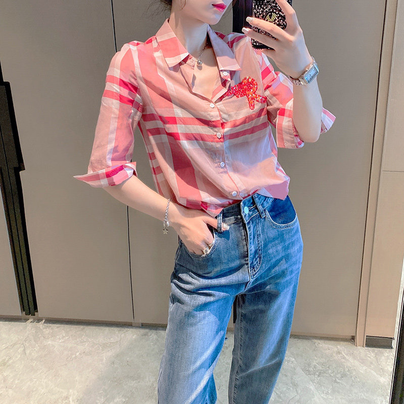 复古格子设计感小众港风花色衬衫 紫陌悠衬衫