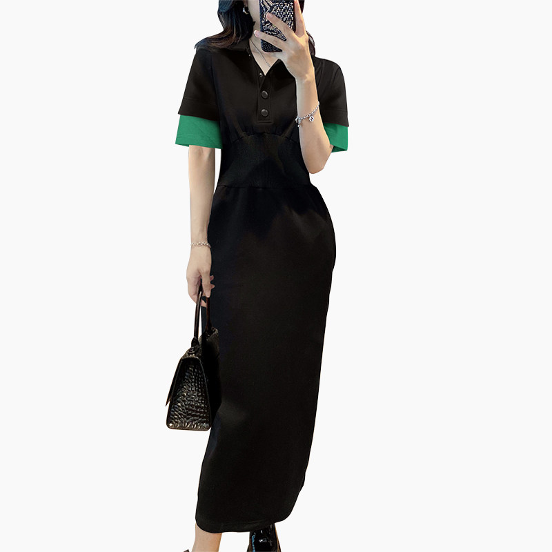 黑色v领收腰夏季高级感长款连衣裙 紫陌悠连衣裙