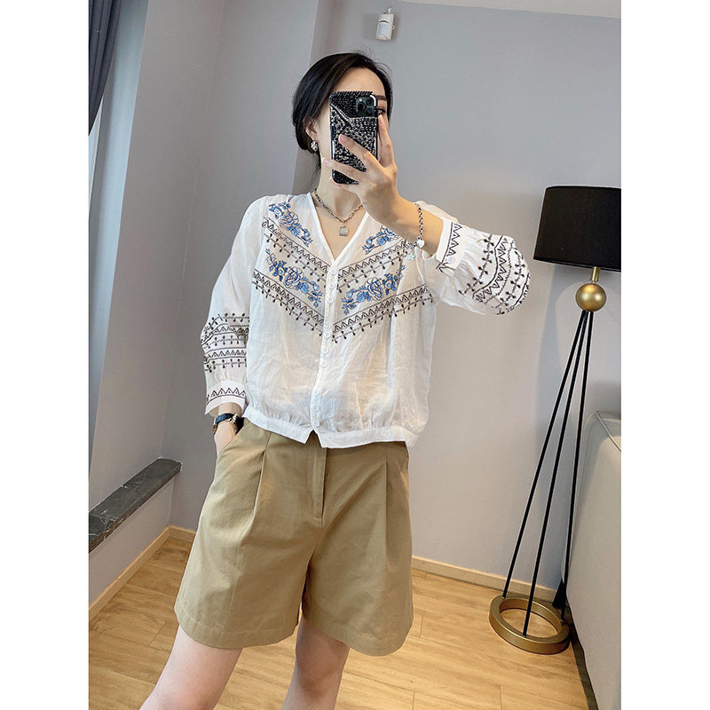 条纹v领长袖早春季2022新款衬衫 紫陌悠衬衫