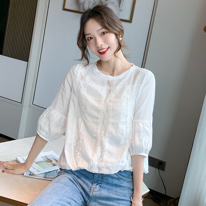 白色蕾丝女夏2020新款七分雪纺衬衣 佐丹莱蕾丝衫/雪纺衫