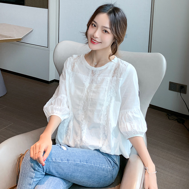 白色蕾丝女夏2020新款七分雪纺衬衣 佐丹莱蕾丝衫/雪纺衫