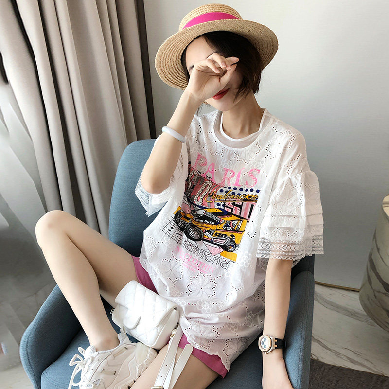 镂空蕾丝边喇叭袖女中长款2020 t恤 赛美意女装蕾丝衫/雪纺衫