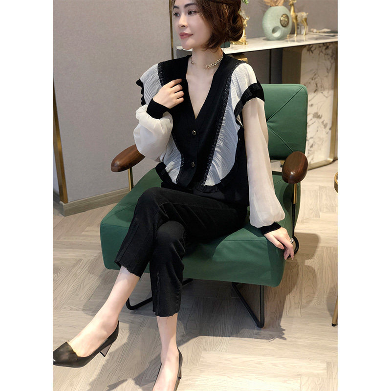 黑色荷叶边v领设计感小众拼接衬衫 赛美意女装衬衫