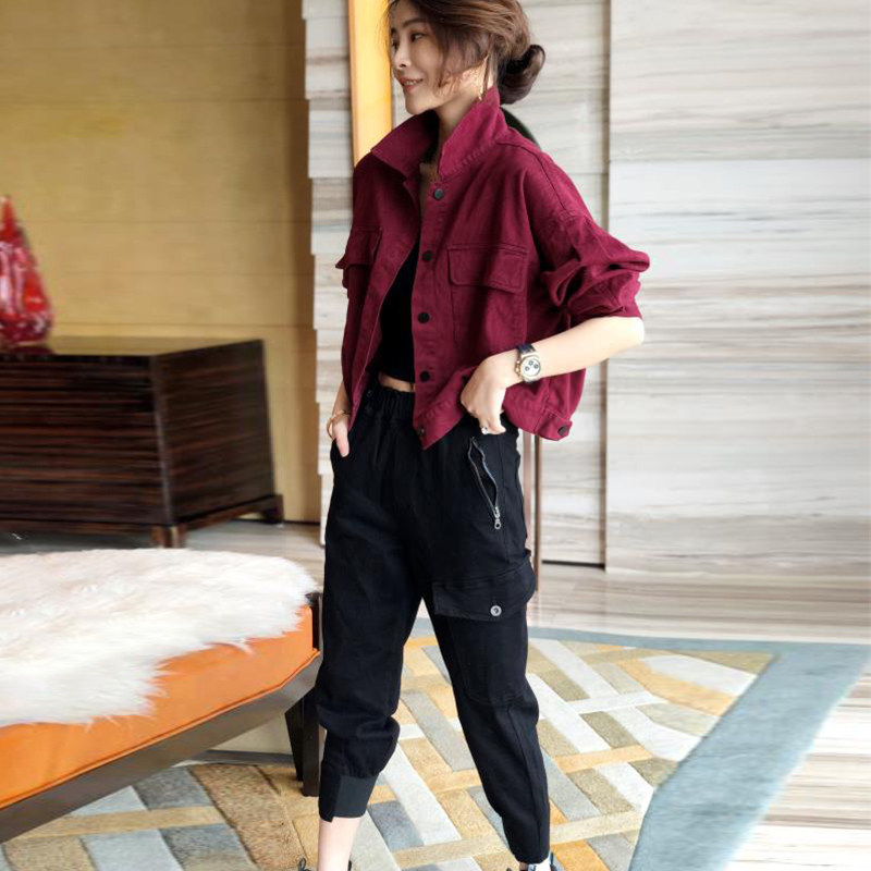 红色工装牛仔短款小个子薄款夹克 赛美意女装短外套