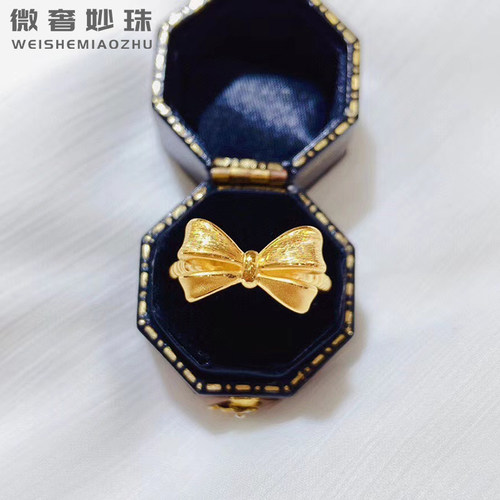 微奢妙珠黄金可爱蝴蝶结戒指女款999足金拉丝简约指环3D硬金首饰 - 图1