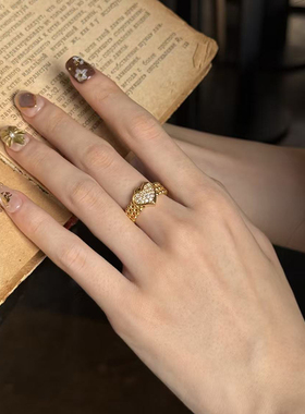 5D硬金黄金爱心戒指女999足金连珠镶嵌桃心心形纯金指环送礼百搭