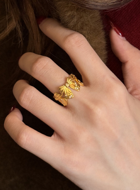 5D硬金黄金蝴蝶结戒指女999足金新款点钻镶嵌指环纯金食指戒送礼