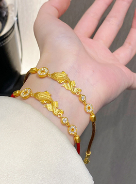黄金点钻金鱼手链女999足金镶嵌年年有余时尚红绳纯金手饰送女友