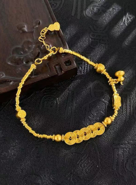 古法黄金五帝币手链女999足金招财铜钱葫芦调节手环纯金手饰送礼