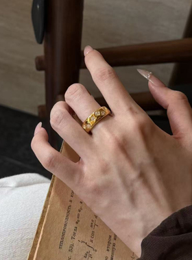 5D硬金黄金点钻戒指女999足金新款大气星芒指环纯金食指戒送女友