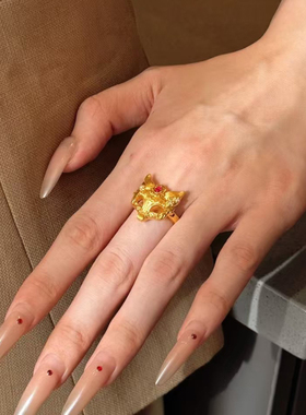 5D硬金黄金狐狸面具戒指女999足金镶嵌红宝石大气指环送老婆礼物