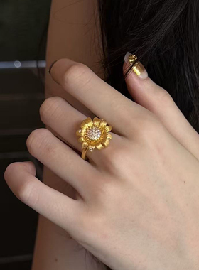 5D硬金黄金向日葵戒指女999足金点钻镶嵌太阳花指环食指戒送老婆